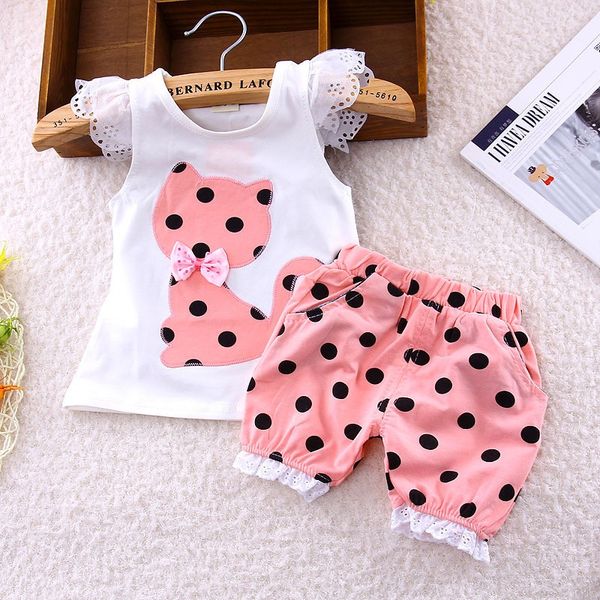 

2017 summer korean baby girls clothing set children bow cat shirt+shorts suit 2pcs kids polka dot clothes set suit ing, White