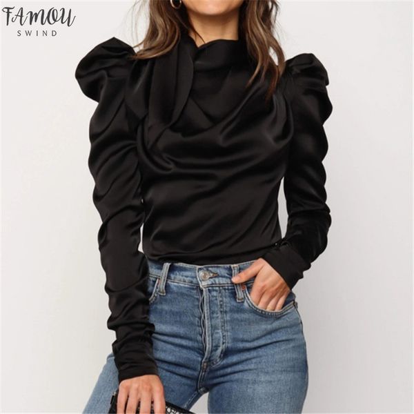 

2020 new autumn women ladies solid bow puff sleeve blouses arrival slim ruffle v neck shirts ol clothes blouse, White