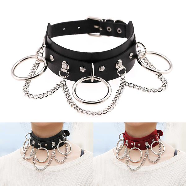 

women choker fashion o ring rivet chain punk choker collar necklace mens man rivet pu leather collar for party, Golden;silver