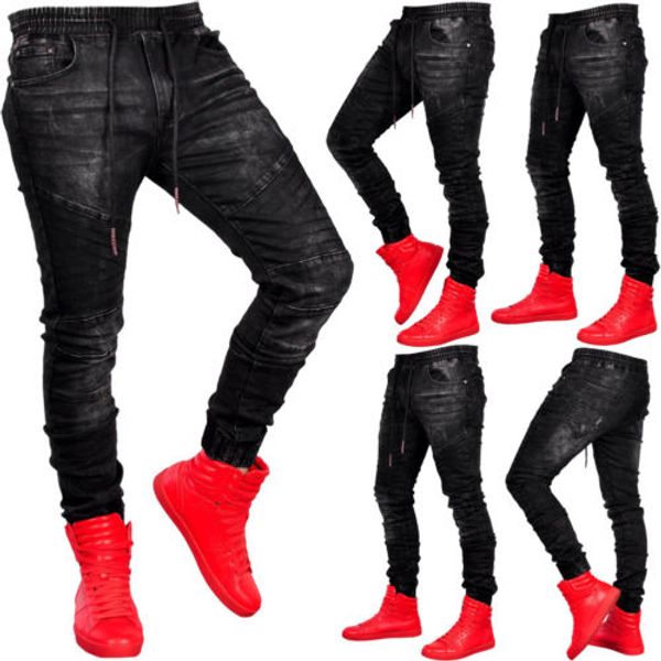 

new 2019 fashion mens long pants denim cargo combat slim fit biker work casual trousers, Black