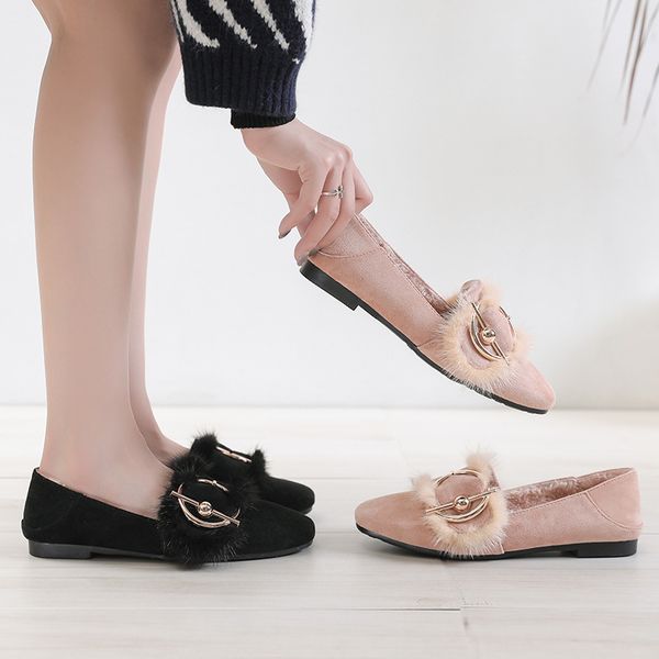 

flock winter plush women shoes metal buckle fur flats square toe mink hair loafers comfy solid femme footwear woman casual shoes, Black