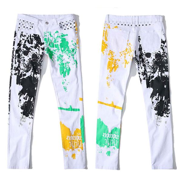 

men printing jeans denim pants fashionablepants mid waist cotton high elastic high quality, Blue