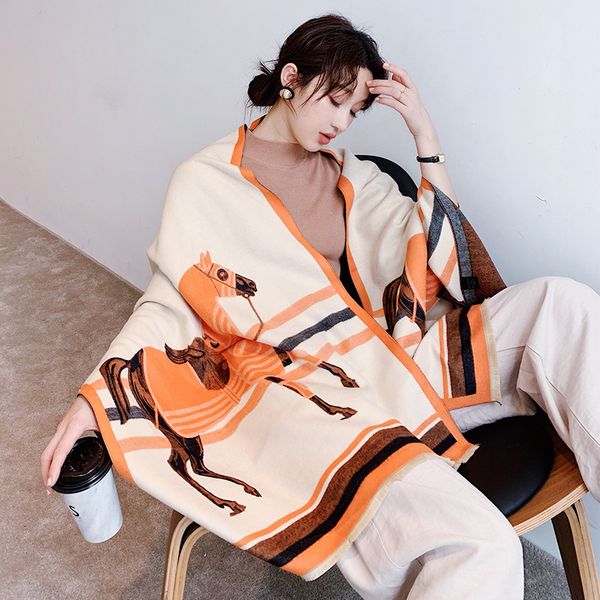 

animal print winter cashmere scarf women 2019 new thick warm shawls and wraps brand designer horse printed pashmina blanket cape cj191225, Blue;gray