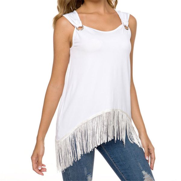 

summer fashion tassel hem strap blouse casual ladies loose tank vest tee female women's sleeveless shirts blusas pullover, White