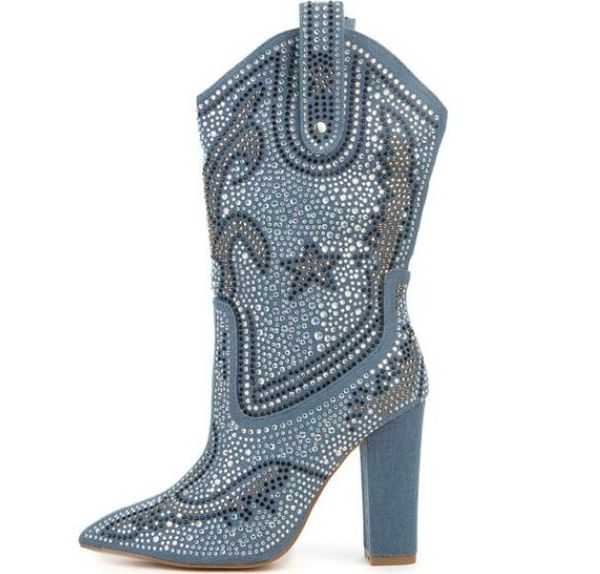 

dipsloot the est 2019 lady crystal square high heels mid-calf boots women pointed toe short boots girls slip-on shoes, Black