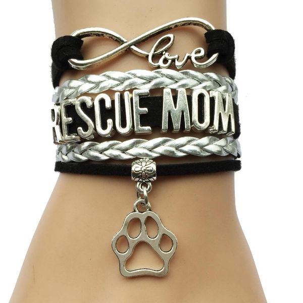 

wholesale-infinity love rescue mom or fur mama heart charm bracelet- animal dog or cat pet puppy leather braid handmade friendship gift, Golden;silver