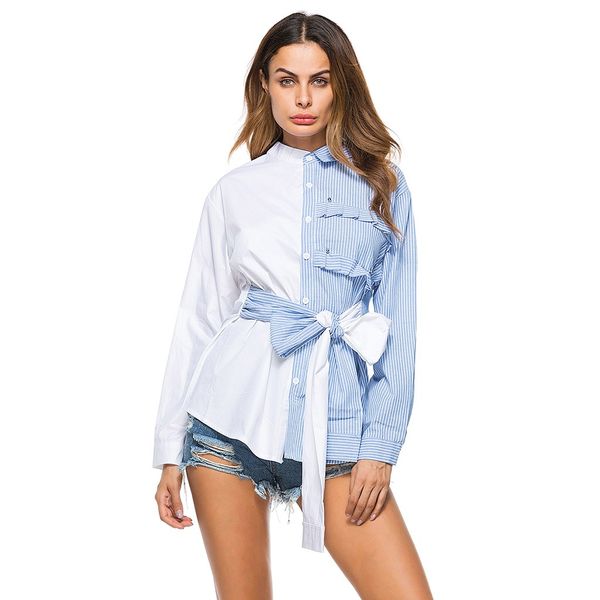 

fashion womens loose long sleeve bow shirt with irregular stripe ladies female shirt streetwear blusas femininas elegante, White
