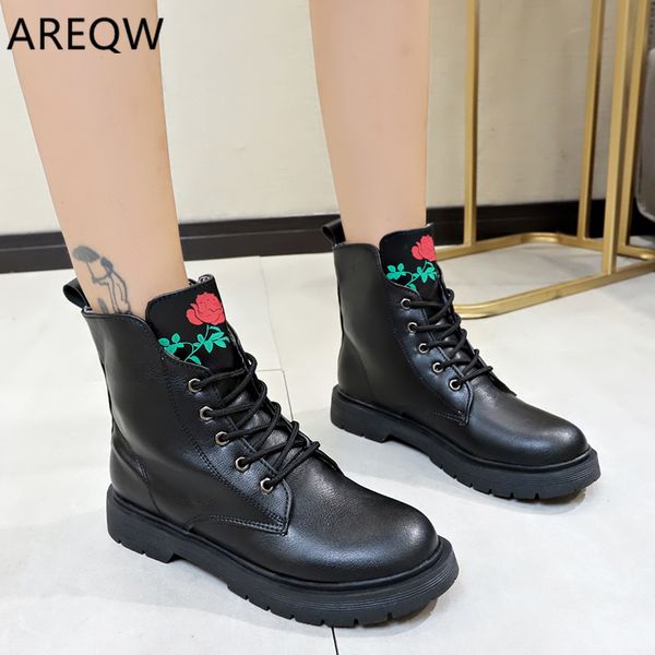 

women boots leather black boots for women ankle motorcycle shoes thick heel platform winter shoes