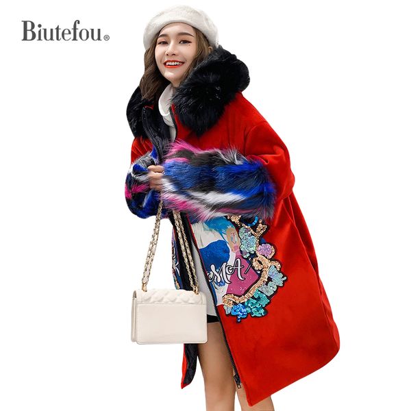 

2018 new arrival winter fashion sequined long hooded coats women patch design thick warm parkas, Black