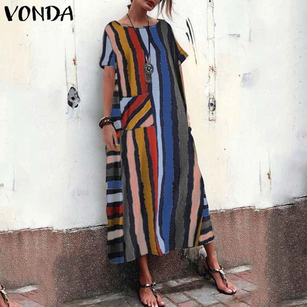 

2019 vonda bohemian summer dress women striped print maxi dress patchwork vestido plus size vintage casual loose sundress, Black;gray