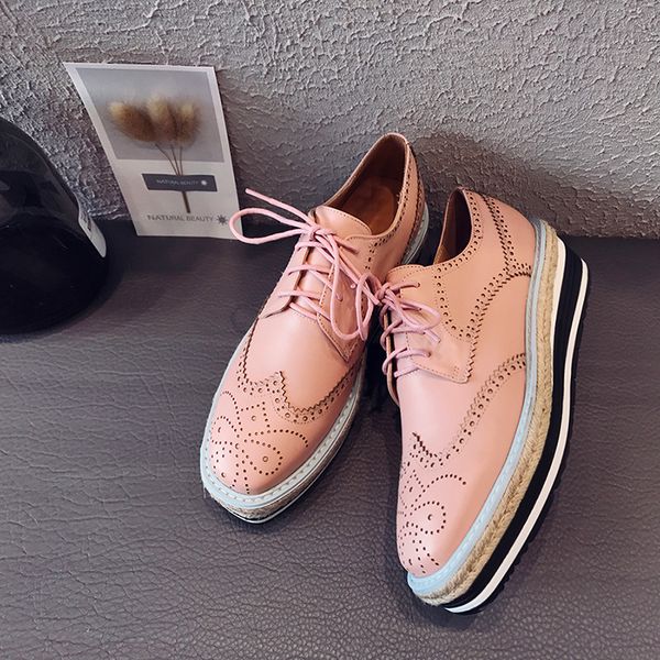 

women's genuine leatherr platform flats oxfords leisure sqaure toe female espadrilles carving british style thick sole brogues, Black