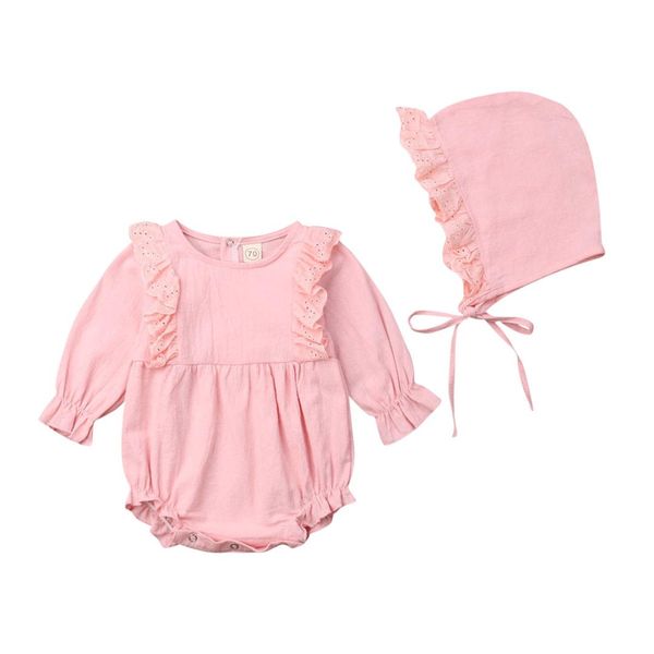 

toddler newborn baby girls clothes ruffle long sleeve round neck bodysuit solid bandage hat 2pc autumn outfits, Blue