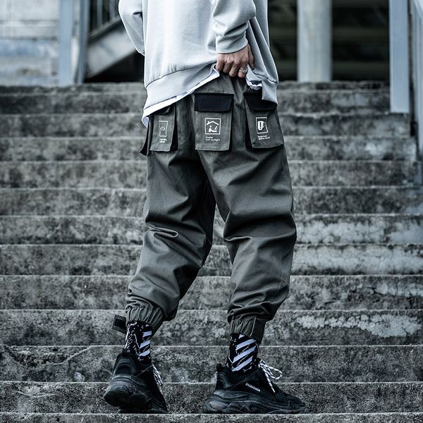 

men's pants 2021 fashion hip hop cargo tactical men streetwear ribbon multi-pocket pencil pant male harajuku joggers trousers xn42, Black