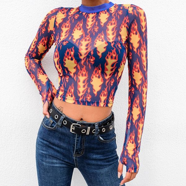 

women shirts fashion perspective mesh flame fruit floral print lady short style navel long sleeve t-shirt women clothes, White