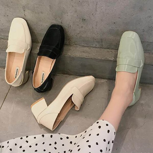 

british two wear solid square toe loafers woman flipflops slip on shallow ballet flats thick med heels moccasins shoes women2020, Black