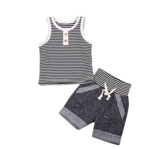 

горячая 2шт мальчик дети повседневная без рукавов полосатая кнопка майка + серые брюки летние наряды комплект одежды, White