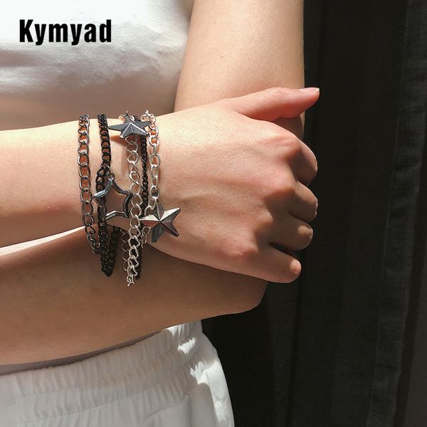 

kymyad punk metal beads bracelets for women vintage bracelet femme geometric star charm bracelet multilayer new bracelets set, Golden;silver