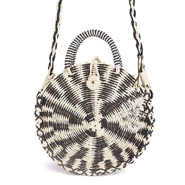

new-mini handmade round straw beach bag shoulder bag for women, black