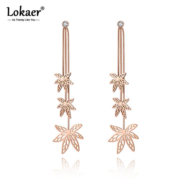 

lokaer titanium stainless steel plant leaves tassel earrings jewelry rose gold cz crystal dangle earrings for women girls e19236, Silver