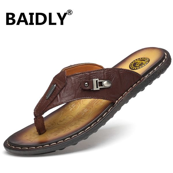

men flip flops cow leather men beach slippers fashion gladiator flip flops breathable match summer shoes, Black