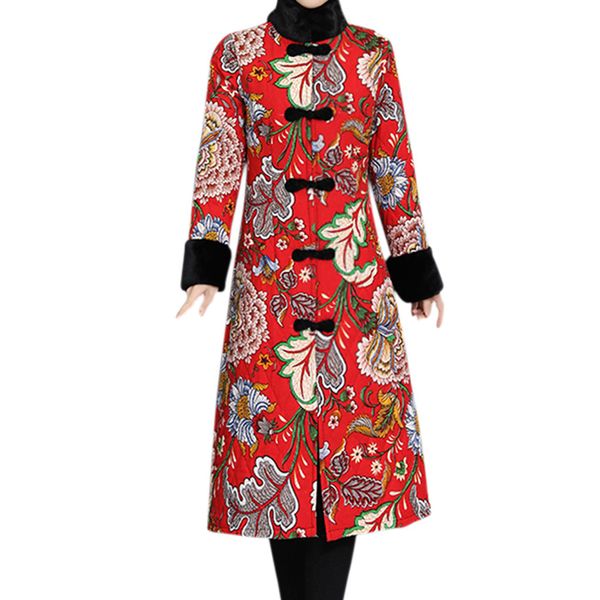 Vendita calda! cappotto lungo del parka della giacca a vento lunga dell'annata del velluto della stampa floreale folk-personalizzata delle donne di alta qualità Nuovo arrivo