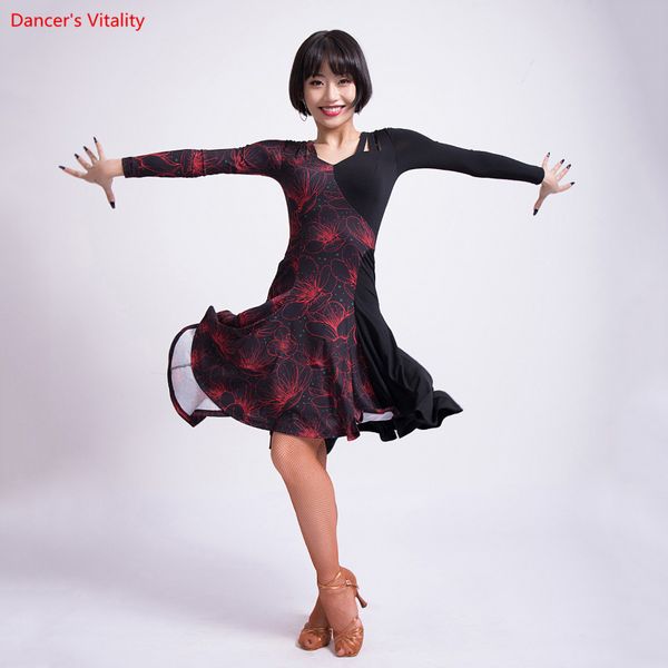 

2018 new women latin dance dresses female long sleeved ruffles dancing practice dress rumba samba performance costumes, Black;red