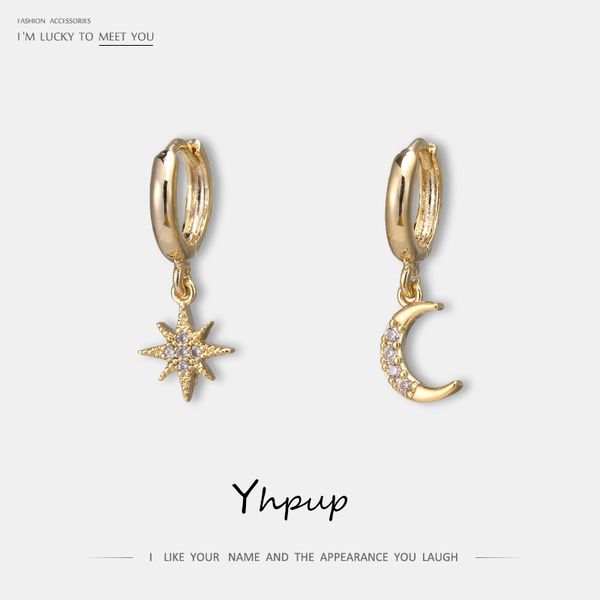 

yhpup trendy exquisite bling cz moon star universe dangle earrings copper gold oorbellen s925 girl female party pendientes mujer, Silver