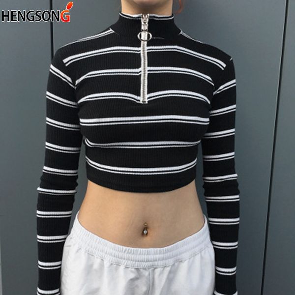 

black and white striped hoodies sweatshirt zipper long sleeve cropped turtleneck hoodies pullovers for girls