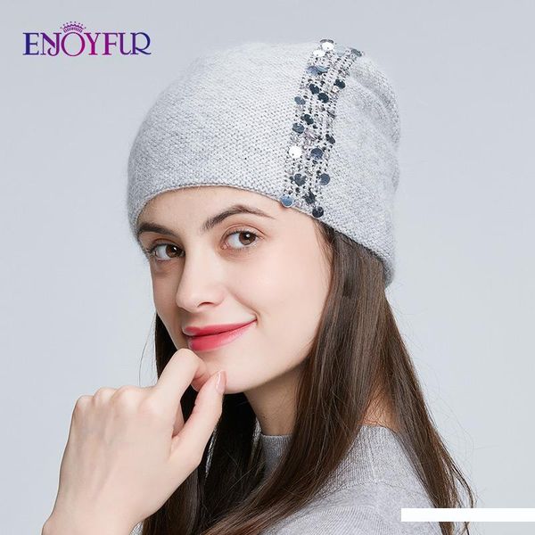 

enjoyfur winter knitted double layer hats for women fashion sequins and rhinestones beanies female thick warm 2019 new caps, Blue;gray