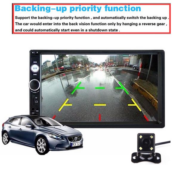

7" hd touch screen player mp5 sd/fm/mp4/usb/aux/bluetooth 2 din car radio car audio rear view camera remote control mirror link