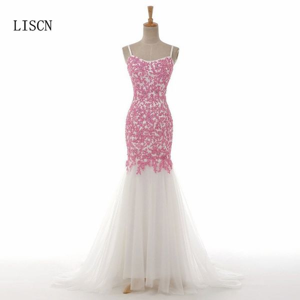 

backless modern white and pink colorful mermaid evening dresses crystal lace tulle spaghetti straps formal party prom gown guest, White;black