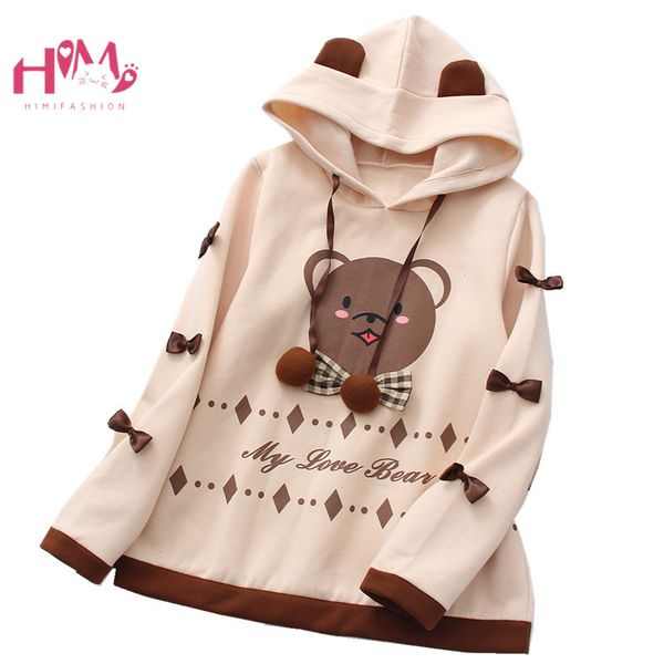 

japanese women kawaii ear hoodies fleece lovely bear plaid bow pullover lolita mori soft girls long sleeve round neck sweatshirt, Black