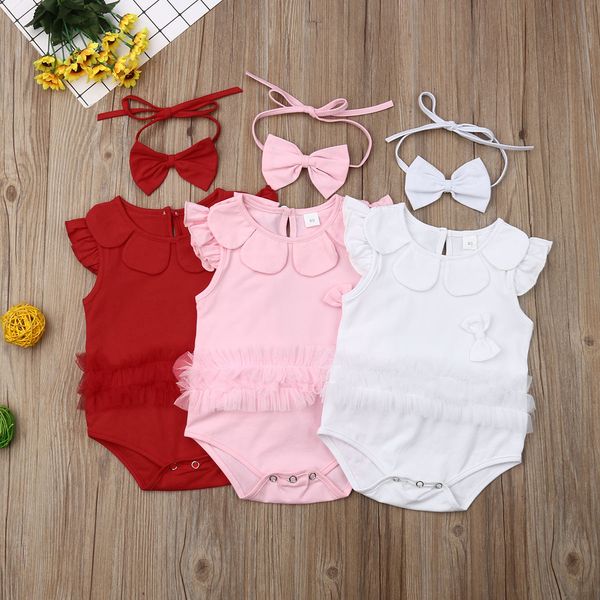 

2019 Brand Princess Newborn Baby Girls Lace Sleeveless Flower Collar Jumpsuit With Headband Bow Bodysuit Baby Clothes Outfit