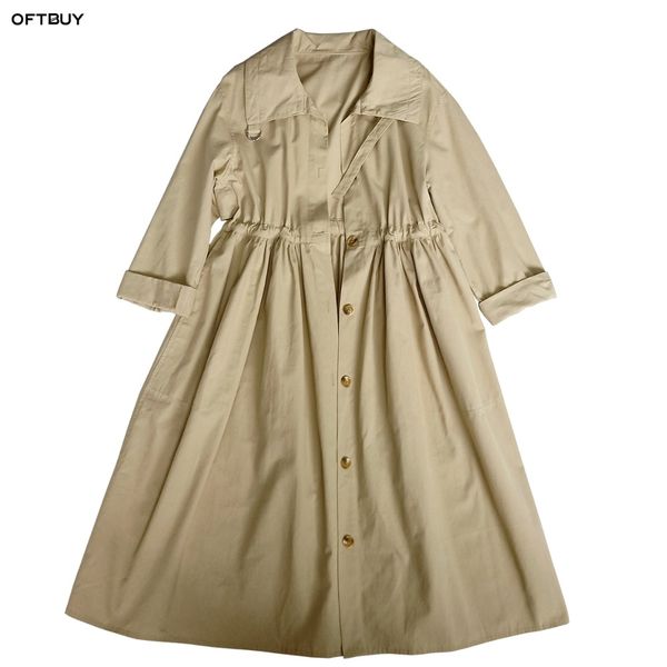 

oftbuy 2019 spring coat trench coat for women fashion classic irregular loose khaki long windbreaker runway korean overalls, Tan;black