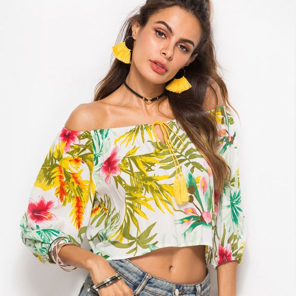 

summer print slash neck female chiffon shirt vintage cut out backless women's blouse 2019 street wear outdoor tees, White