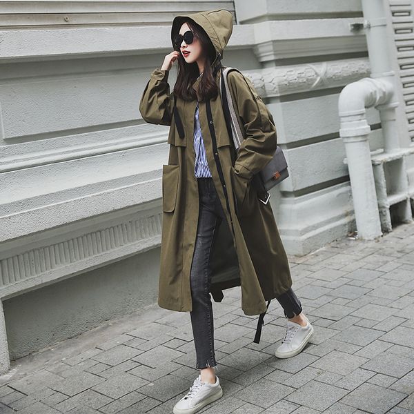 

2019 spring new tooling wind army green long windbreaker woman coat hat, Tan;black