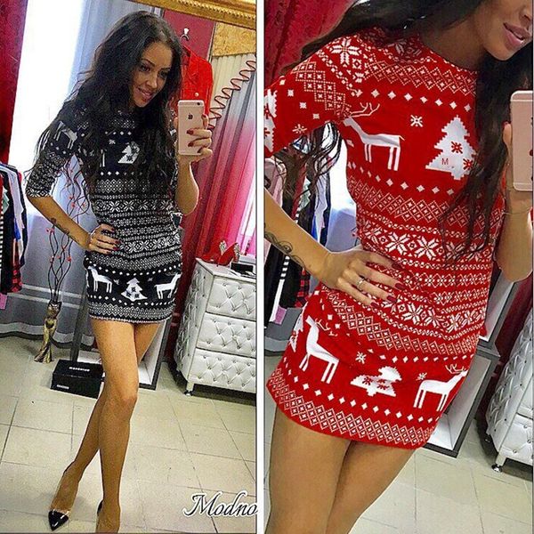 

womens designer christmas slim medium sleeve deer printed dress, Black;gray
