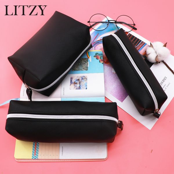 

new black pencil case for girls boys student leather pencil case box cute big pen bag pouch school stationery cosmetic bag tools