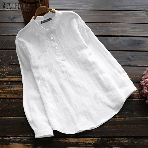 

2020 spring floral embroidery shirts zanzea casual solid blouse women lapel long sleeve elegant work blusas tunic chemise, White