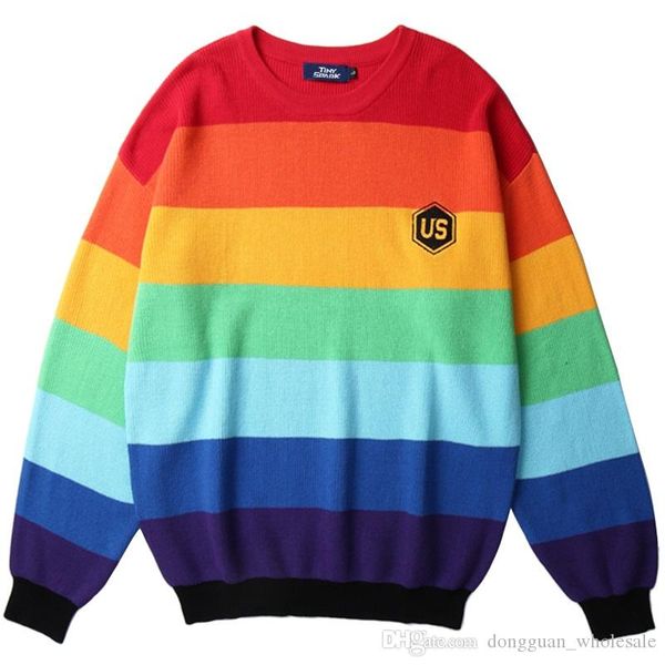 

hip hop knitted sweater striped rainbow color block streetwear sweater pullover harajuku embroidery sweater cotton, White;black