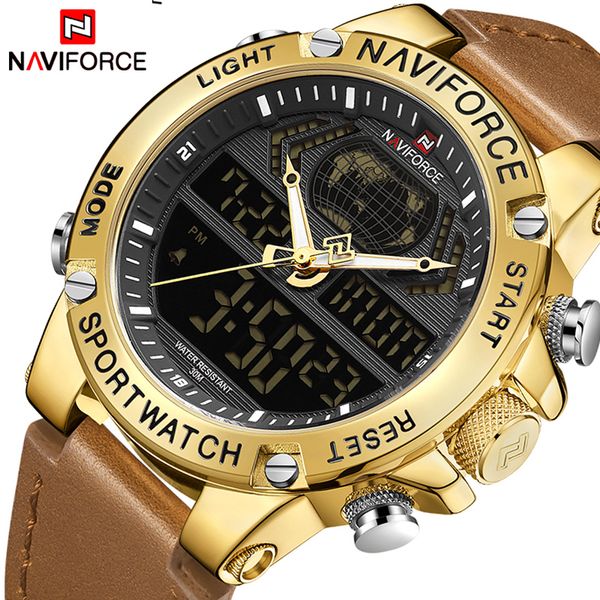 

new naviforce men fashion sport watch men leather waterproof quartz watches male date led analog male clock relogio masculino, Slivery;brown