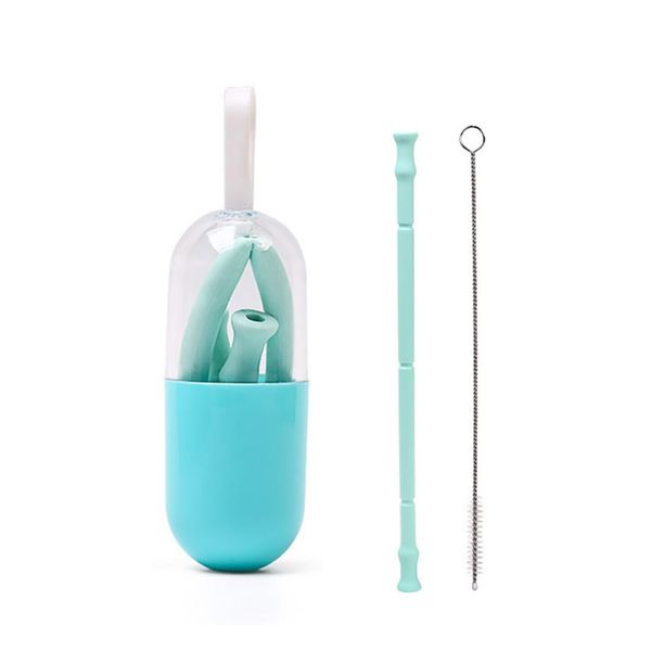 

collapsible silicone straw reusable folding drinking straw with carrying case and cleaning brush outdoor bar drinking tool
