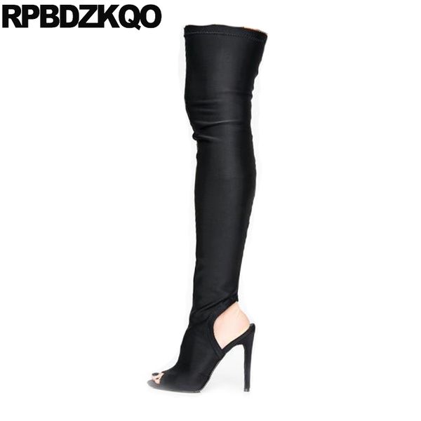 

gothic shoes over the knee 13 45 thigh high boots for plus size women dance sandals heel stiletto big 10 slim stripper peep toe, Black