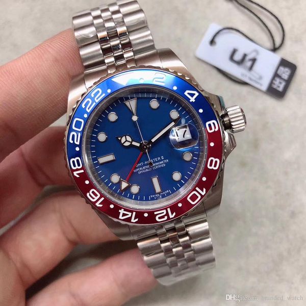 

luxury mens watch gmt series 40mm blue dial ceramic bezel true real gmt stainless steel strap automatic mechanical movement men sports watch, Slivery;brown
