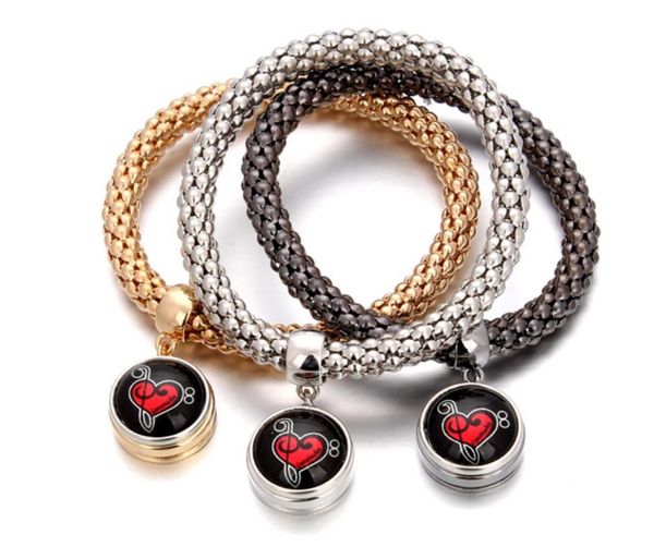 

3pcs diy snap button bracelets charm snap button bracelets for women 3 color crystal chain bracelets bangles with pendants, Golden;silver