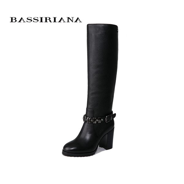 

bassiriana new 2018 genuine leather shoes woman high boots winter high heels round toe black and brown size 35-40