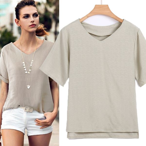 

cotton linen blouse summer short sleeve casual shirt women loose female fashion plus size women blouses, White
