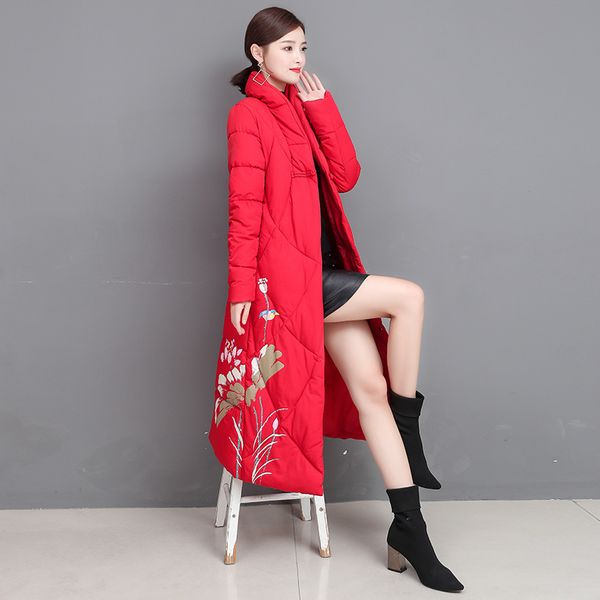 

long print coat ladies winter jackets slim parkas winter warm snow coat womens plus size fashions middle age women clothes retro, Black