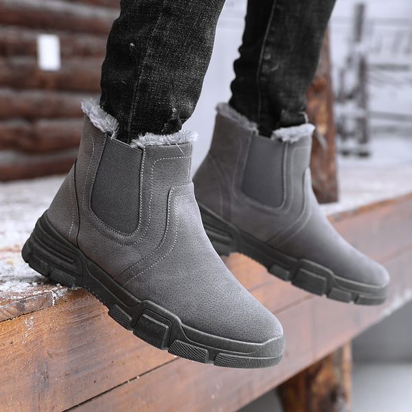 

men boots winter warm snow boots men's faux suede ankle fur for male winter shoes botas de hombre non-slip plush shoes, Black