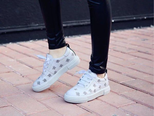 

u715 genuine leather 2 colors bee sneakers casual shoes women g fashion, Black